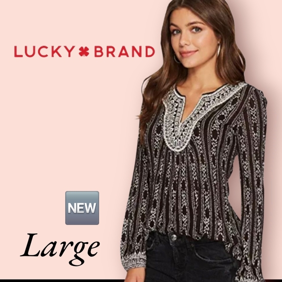 🆕️ NEW Lucky Brand Embroidered Drop Needle Top LARGE Long Sleeve V-Neck